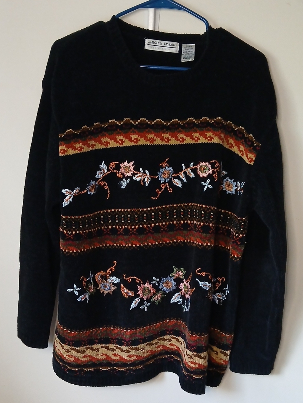 Carolyn Taylor Black Crewneck Sweater with Multicolor Floral Embroidery